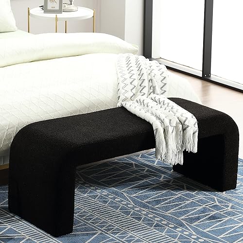 Banco otomano de peluche de 49.5 pulgadas, moderno y mullido, tapizado de tela sherpa, taburete para dormitorio, sala de estar, entrada, color blanco