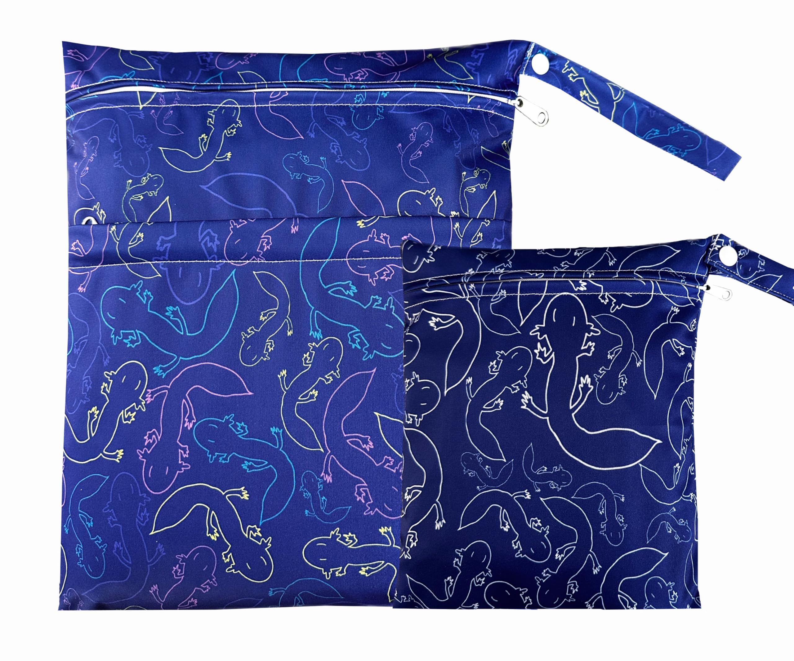 Anmubag Wet Dry Bag with Two Zippered Pockets, Waterproof Reusable 2pcs Axolotl Wet Bags for Swimsuits, Beach, Swimming Pool,Dirty Yoga Clothes,Travel,Makeup Bag, Fitness, Storage Bag With Handle