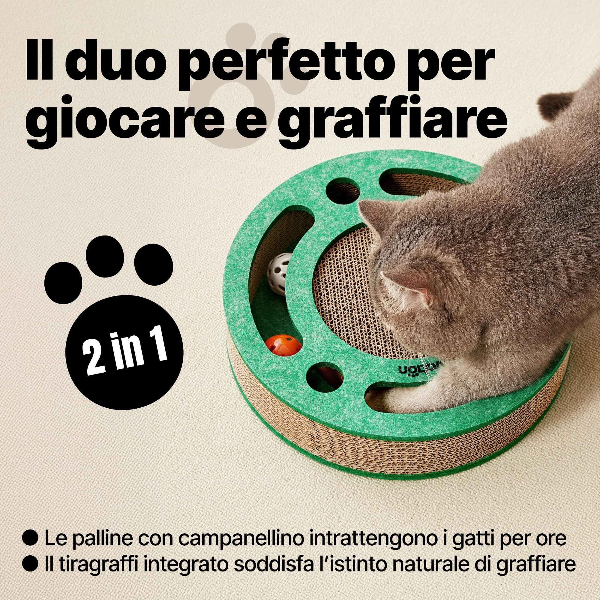 Tiragraffi per gatti con pista a sfere con campanellino – Gioco interattivo per gatti, tappetino tiragraffi in cartone ondulato con erba gatta, tavola tiragraffi, accessori per gatto (Arancione)