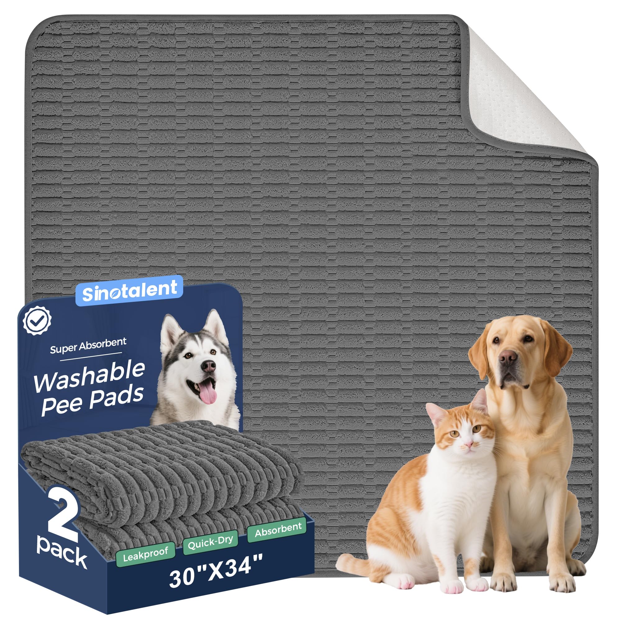 Sinotalent Washable Pee Pads for Dogs, 2 Pack Reusable Puppy Pads Dog Pads, Non-Slip Dog Pee Pads, Leakproof Pet Pee Pads Wee Wee Pads for Dogs. (Dark Grey, 30"x34"(Pack of 2))