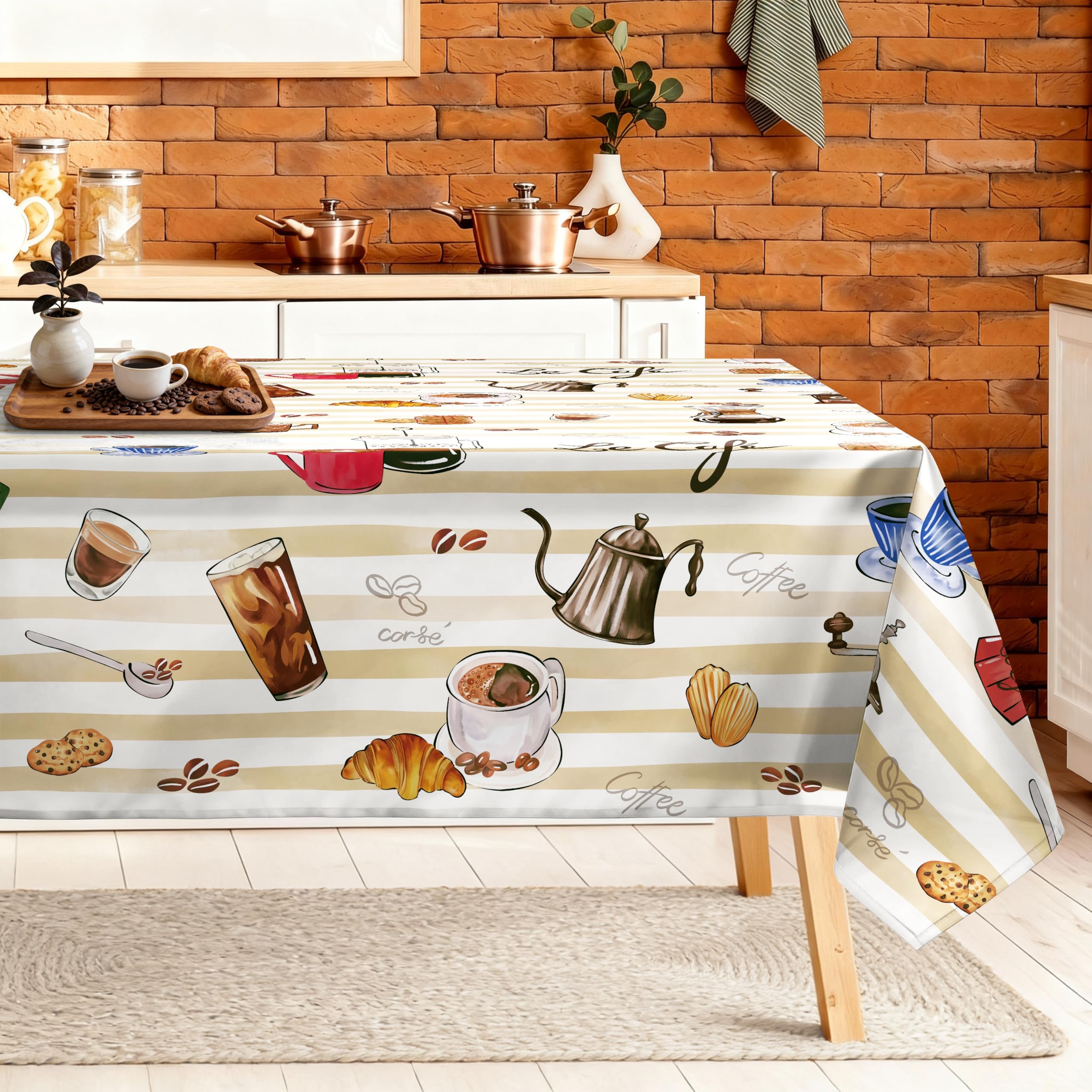 Coffee Themed Table Cloth Rectangle Machine Washable Tablecloth, 140 * 180 cm, Polyester Table Cover for Kitchen Dinner Party Outdoor Decor Gifts for Coffee Lovers
