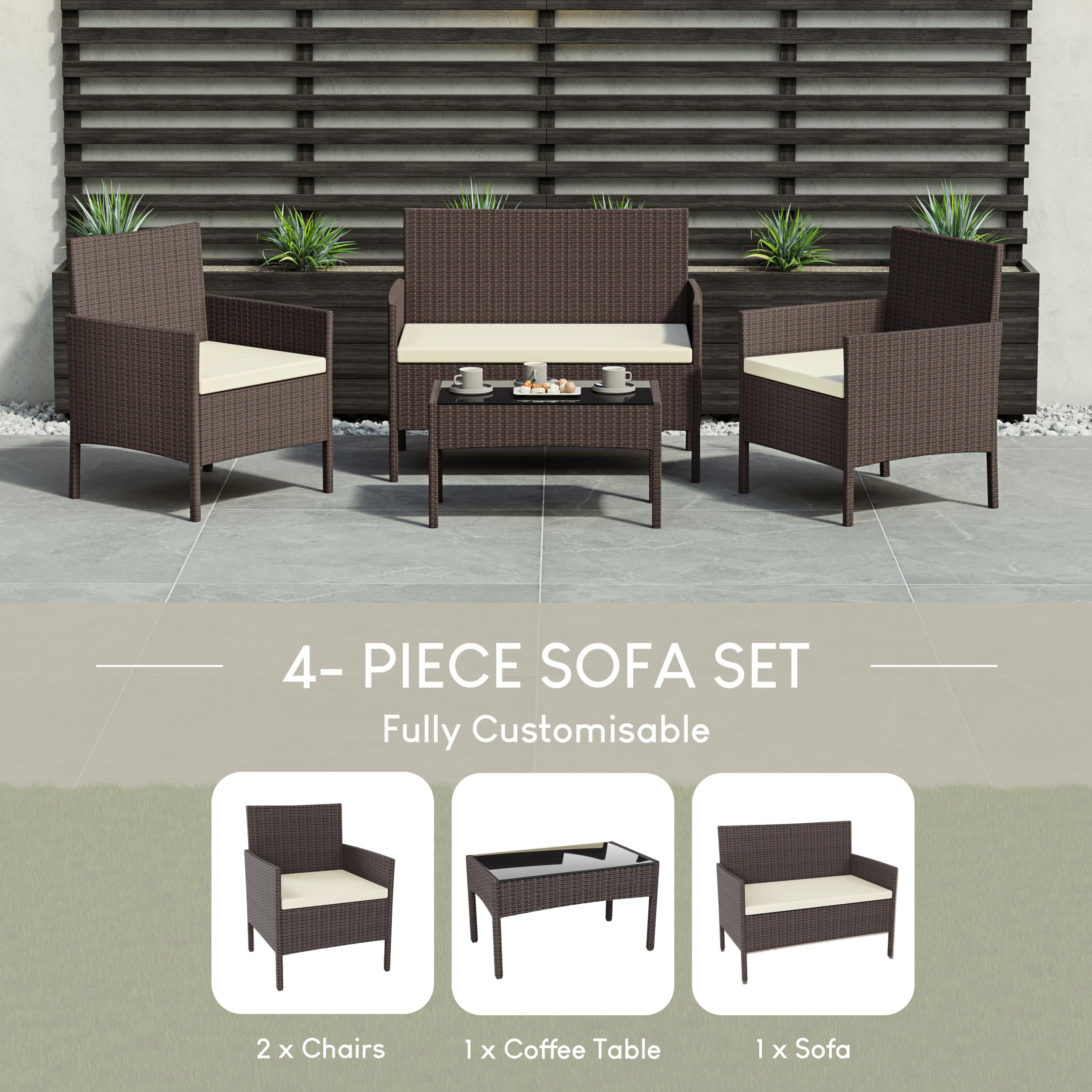 Garden Vida Kendal 4-częściowy zestaw rattanowy do siedzenia ogrodowego, brązowy (certyfikat (UKFR), meble ogrodowe, patio, na zewnątrz