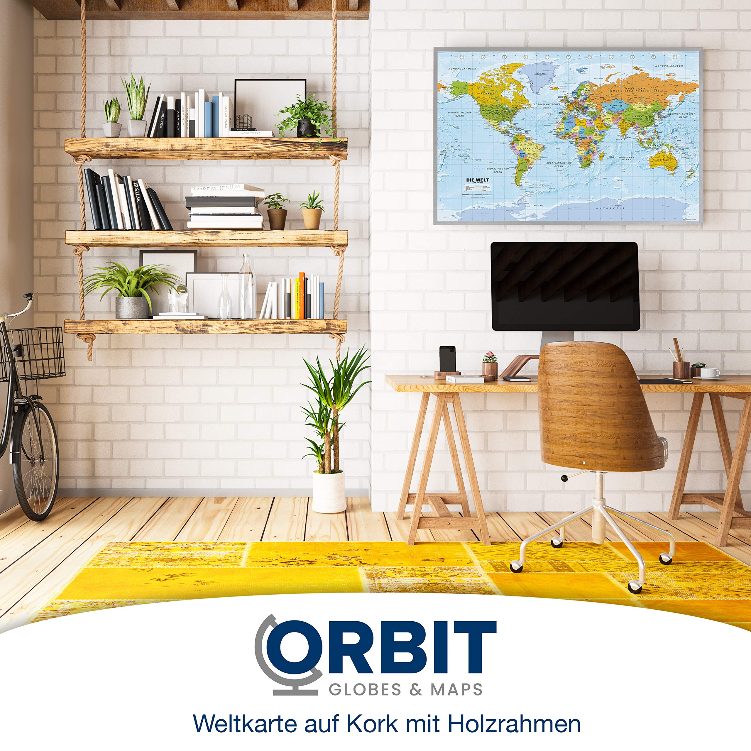 ORBIT Globes & Maps - Weltkarte - Kork Weltkarte auf Pinnwand mit Holzrahmen (silber) 90 x 60 cm, deutsch mit Fähnchen und Pins sowie Befestigungsmaterial