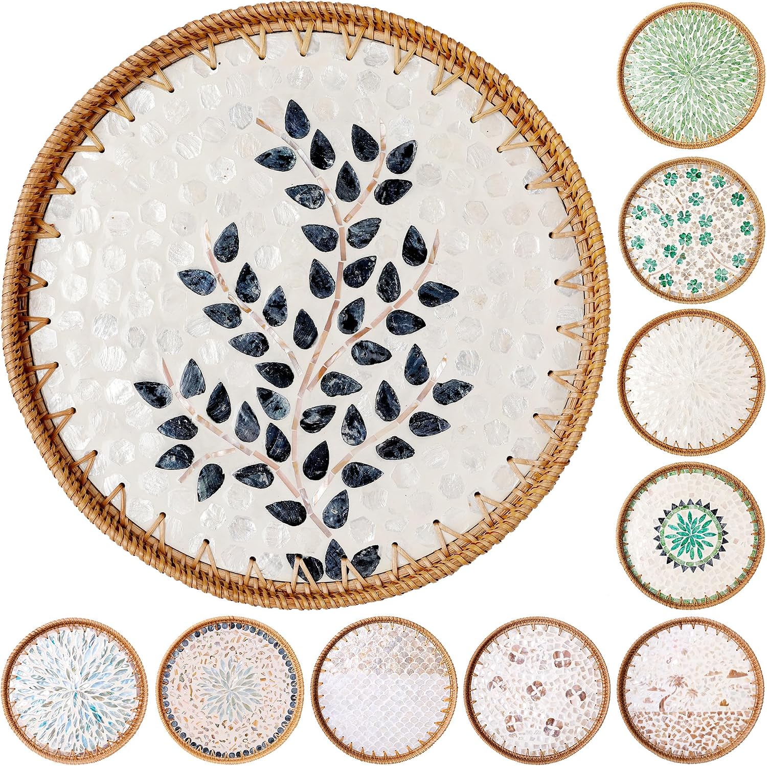 Amazon.com: Round Rattan Tray with Mother of Pearl Inlay &amp; Wooden Base ...