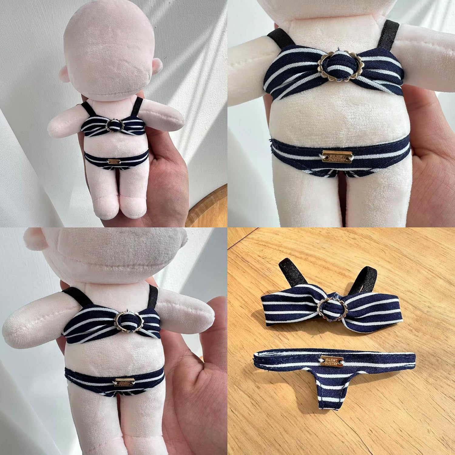 Plush Doll Clothes Bikini Set for 5.9 inches (15 cm) Swimsuit Border Pattern Ribbon with Gold Ring Sewing Clothing Summer Motivational Mascot Costume TGMC-1316 Navy Blue