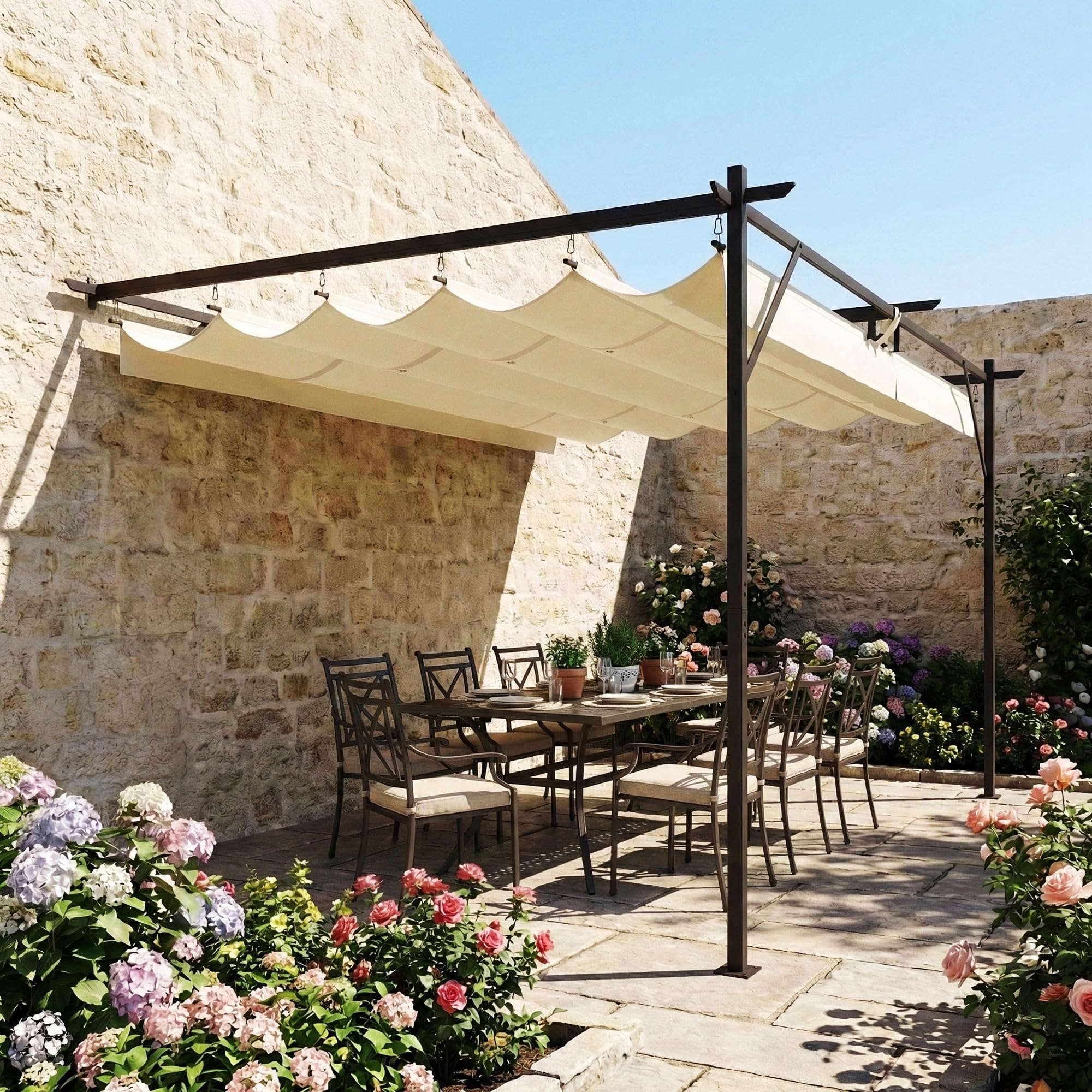 Outsunny Pérgola de Pared de Jardín 4x3 m, Cenador de Jardín con Techo Retráctil, Protección UPF30+, Orificios de Drenaje y Estructura Metálica, Pabellón para Patio, Terraza, Exterior, Blanco Crema — view 9