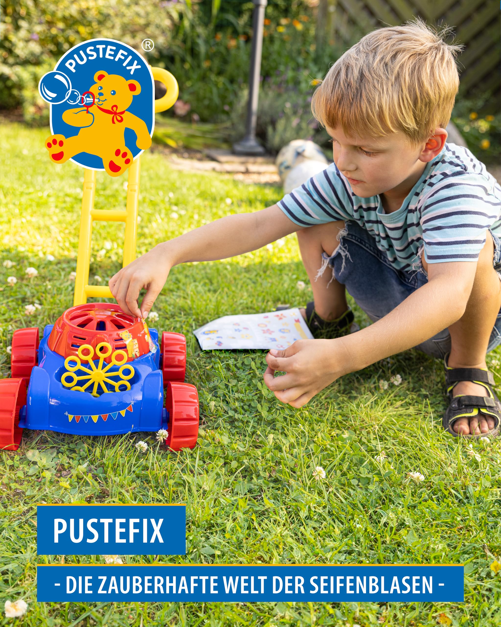 Pustefix Kosiarka Bubble-Mower I zabawka do baniek mydlanych na urodziny dziecka, wesele i letnie imprezy, kolorowe bańki dla dzieci i dorosłych