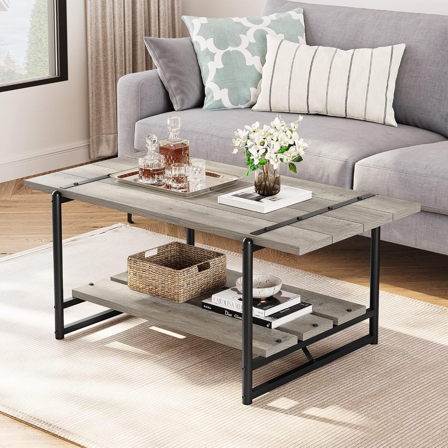 2Tier Farmhouse 41'' Large Gray Wood Coffee Table with Storage Shelf Modern Rustic