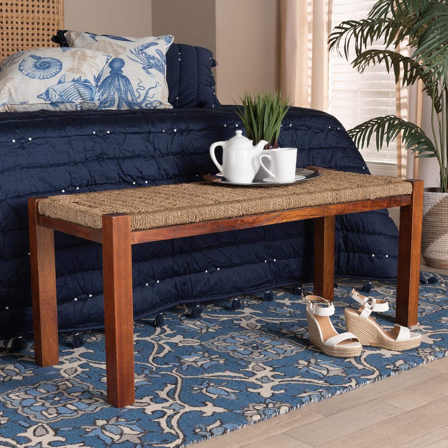 Bali & pari Hermes Mid-Century Modern Natural Seagrass and Mahogany Wood Accent Bench