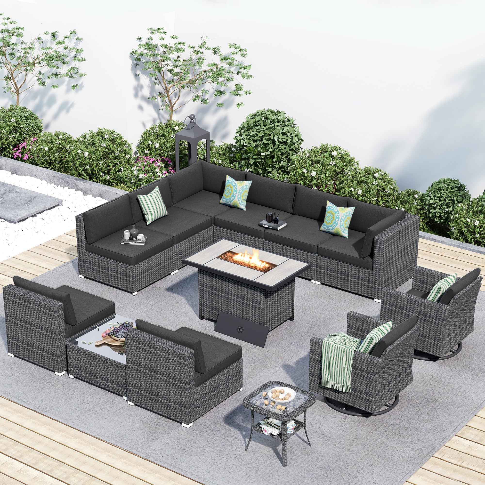 13 Piece Patio Sectional Furniture Set with Fire Pit Table,Modern Wicker Outdoor Conversation Sofa Sets,All Weather Modular L Shaped Outside Couch Swivel Chair Set(Black)