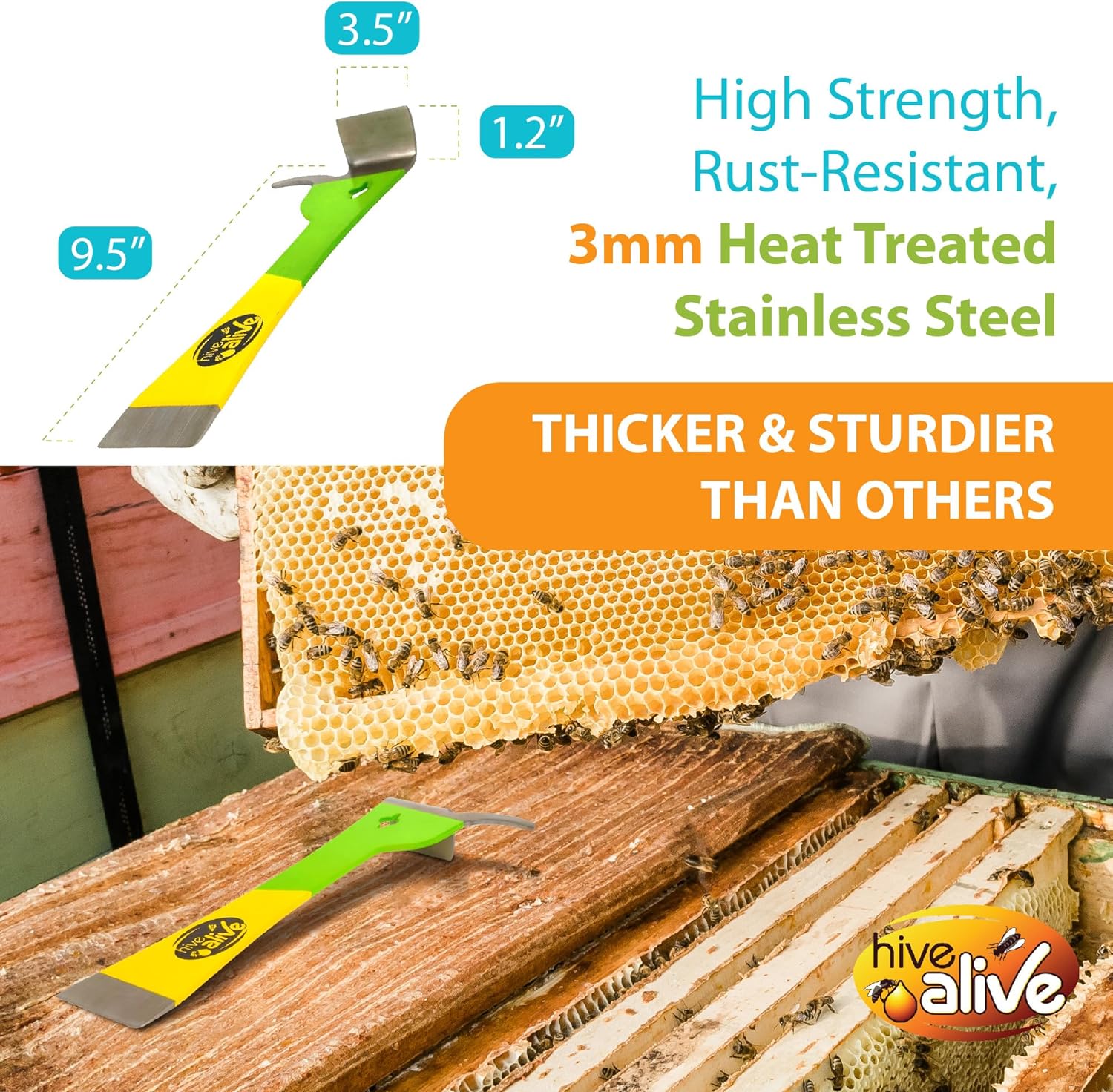 HIVE ALIVE 1 EZ Find Pro HiveTool – Heat Treated 3mm Thick for Lasting Strength - Beekeeper Tools for Prying, Lifting, and Scraping. Its Multi-Color Easily Stands Out in Green Vegetation and Scrub