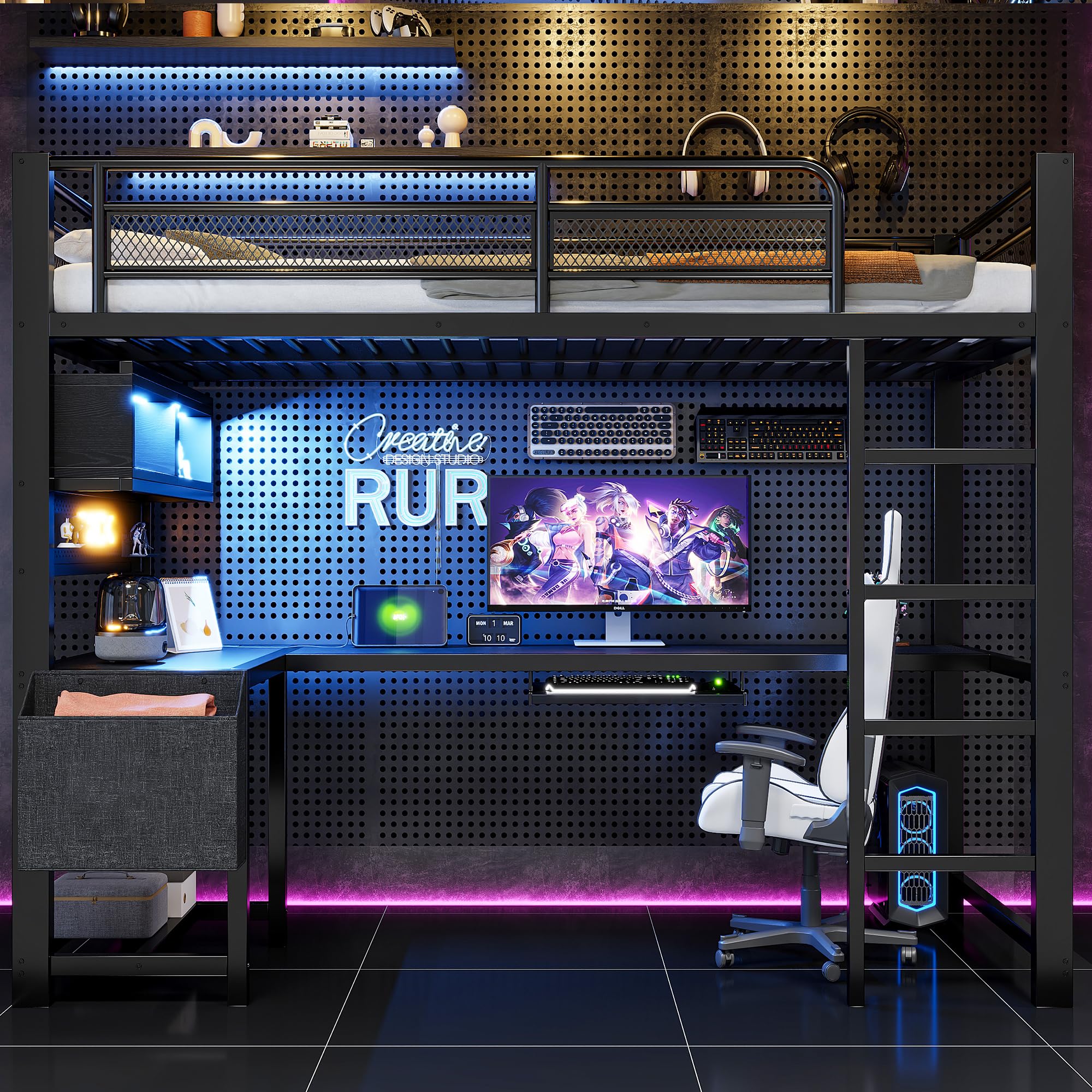 Letto a soppalco da gaming, 90 x 200 cm, bianco, con LED, scomparti portaoggetti e stazione di ricarica, nero