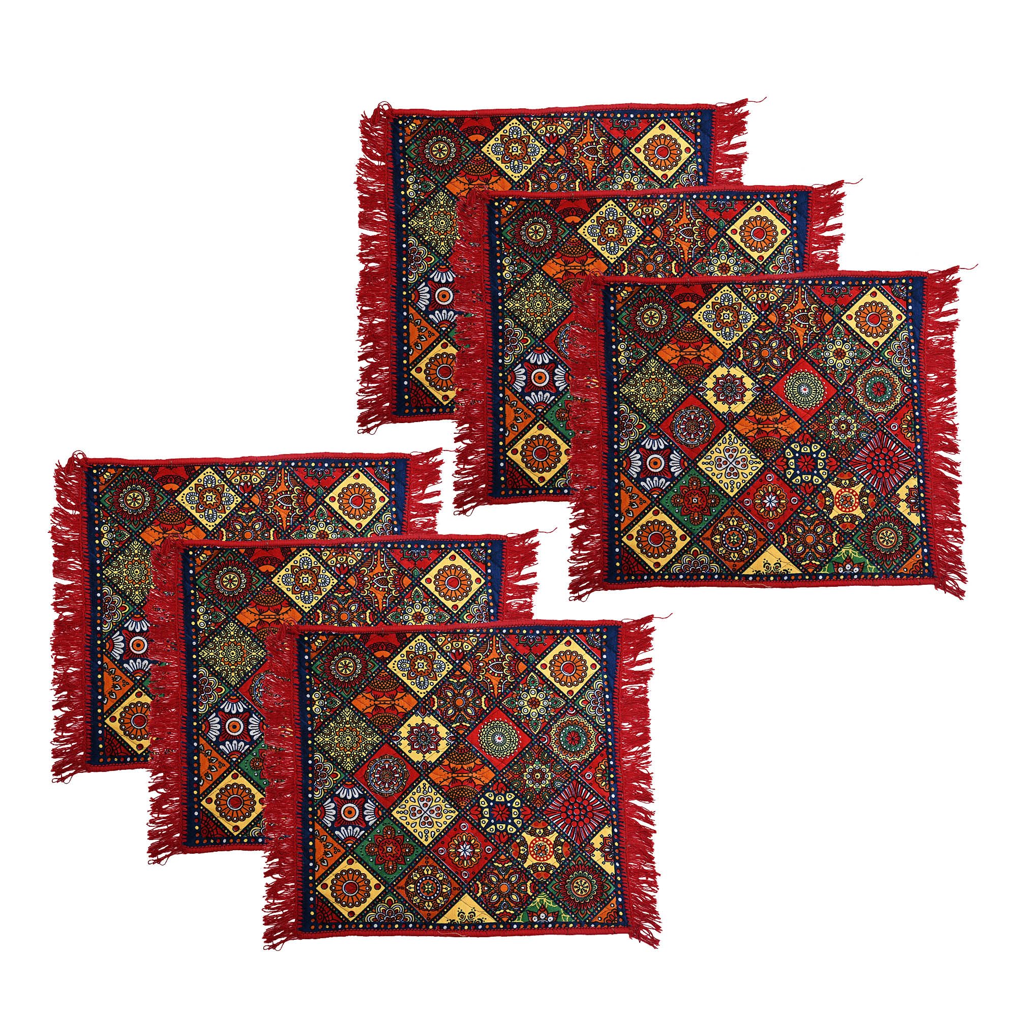 Kuber Industries Pack of 6 Velvet Finish Pooja mat for Sitting on Floor | Traditional Rangoli Print Aasan Puja Cloth for Home Mandir | Suitable for Prayer & Meditation | Red Rangoli