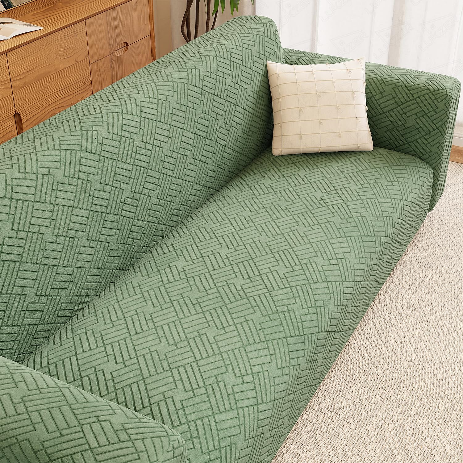 Lukzer 5 Seater Pastel Green Abstract Design Sofa Cover | 240 GSM Universal Stretch Fit 3+1+1 Jacquard Fabric Couch Protector | Fully Covered Anti Slip & Washable Sofa Cover | (SC-167-05)-image-43