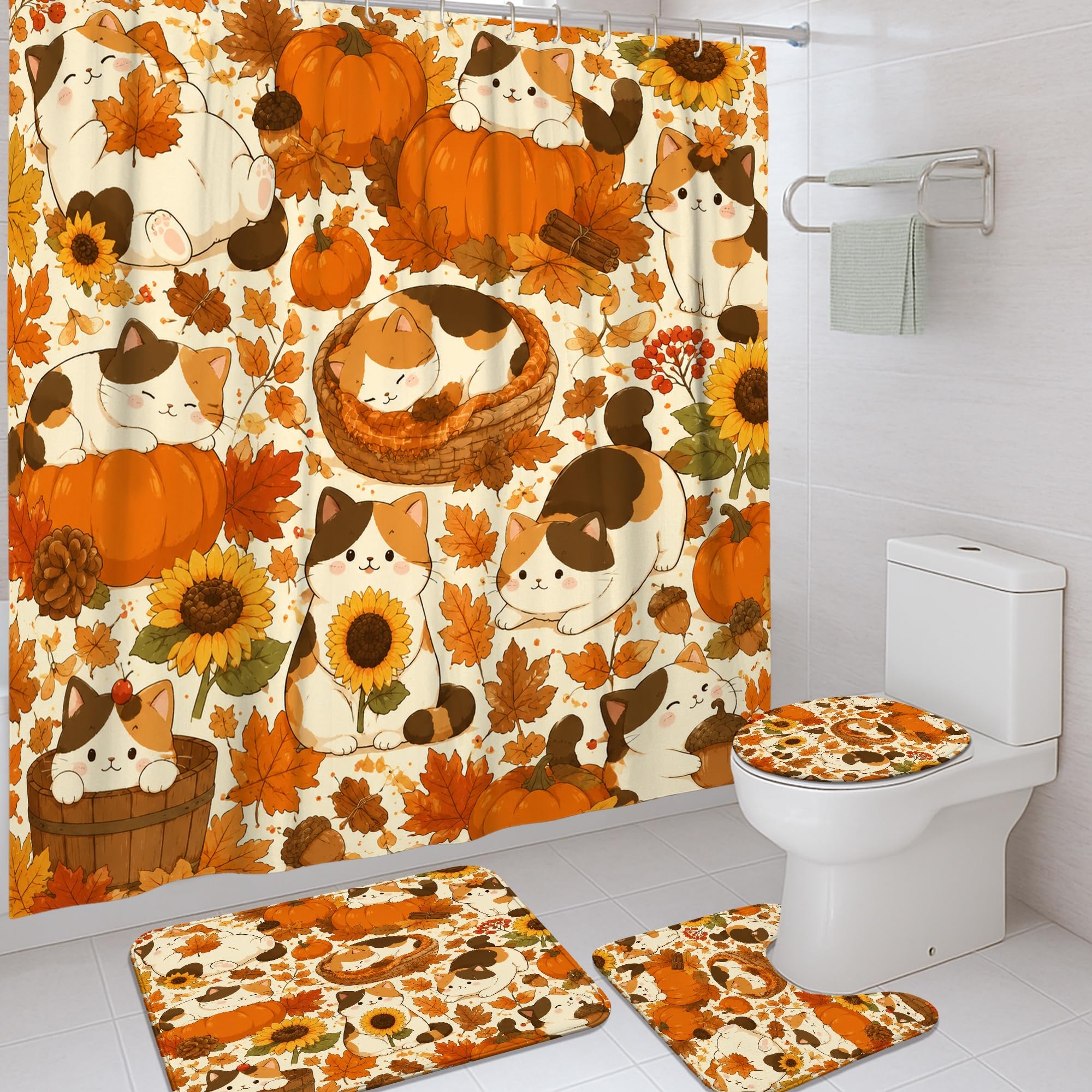 Rideau de douche et tapis de bain lavable motif chat citrouille orange