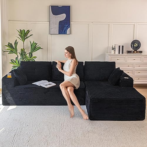 MAXYOYO 104" Modular Sectional Couch with L-Shape Chaise, Modern Boneless Couch for Living Room, Sofa in A Box, Oversized Sofa Sleeper with Deep Seat, No Assembly Required, Black