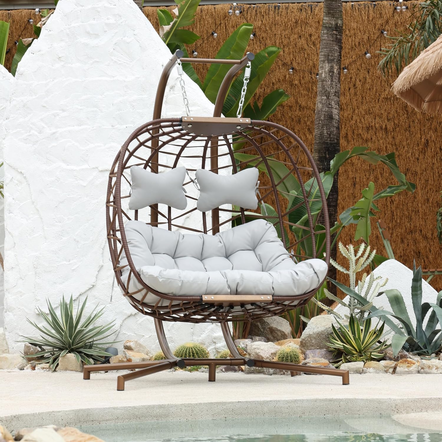 Oversized Large Outdoor 2-Person Hanging Egg Chair with Stand & Cushion – Water Repellent Rattan Swing Chair for Indoor Outdoor Balcony Patio Bedroom