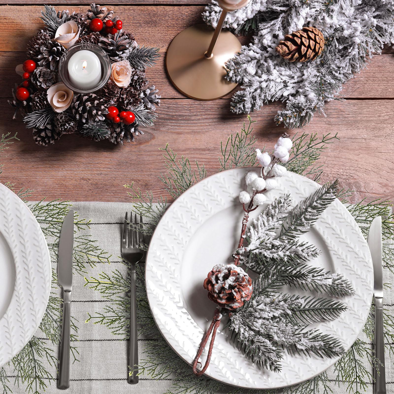 Lot de 12 sets de table ronds de Noël - Couronne artificielle circulaire - Décoration de table de salle à manger - Accessoires de cuisine (neige poudreuse)