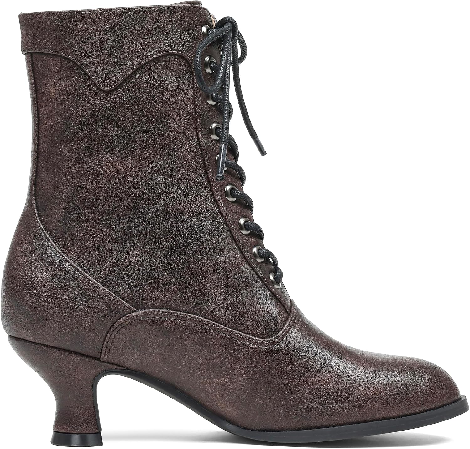 Women's Victorian Ankle Boots - Mid Calf, Round Toe, Black Boots with Chunky Heel & Lace Up Detail