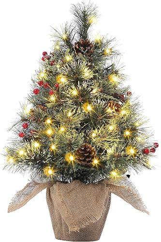 IDEALHOUSE - Árbol de Navidad pequeño preiluminado de 24 pulgadas, 2 pies, mini árbol de Navidad flocado con 50 luces LED, base de bolsa de tela,