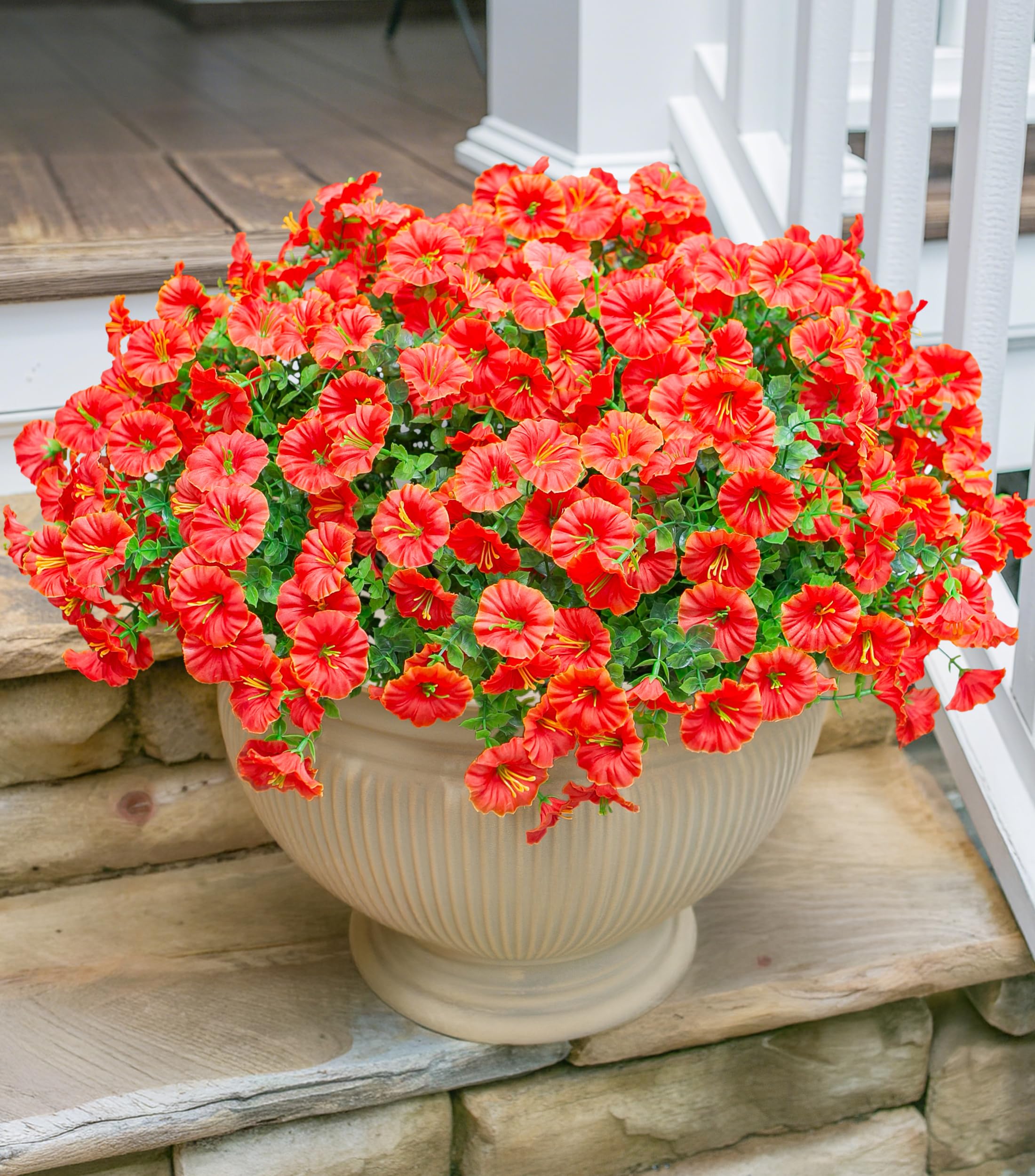 Artificial Flowers Fake Plants for Outdoors Spring Summer Decor, 12 Bundles Orange Silk Morning Glory with Eucalyptus Look Real UV Resistant Faux Flowers for Outside Planters Front Door Yard Indoor