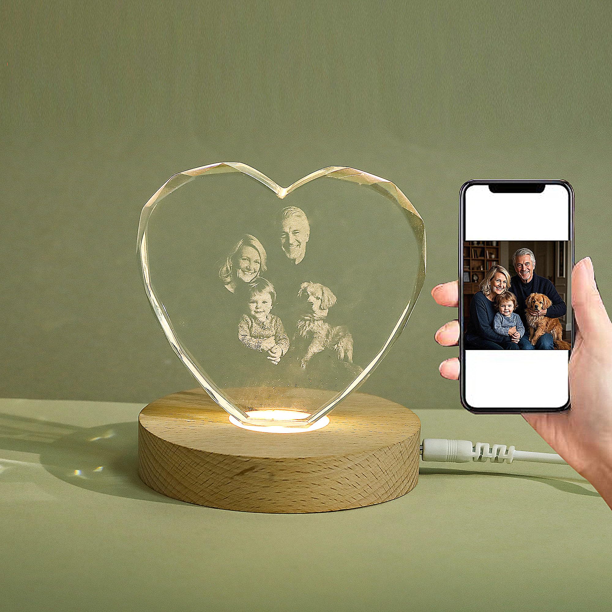 2D Crystal Photo Night Light,Personalized Crystal Custom Pictures,with LED Base Laser Engraved Glass Ball Light fit for Christmas, Birthday, Wedding, Anniversary,Pet Memorial (Heart-Shaped)