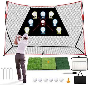 Professional Golf Net, 10x7Ft Golf Practice Hitting Net with Scoring Target Cloth, Tri-Turf Mat, Balls, Tee, Carring Bag, Scorecard, Portable Hitting Nets for Backyard Traning Chipping Indoor Outdoor
