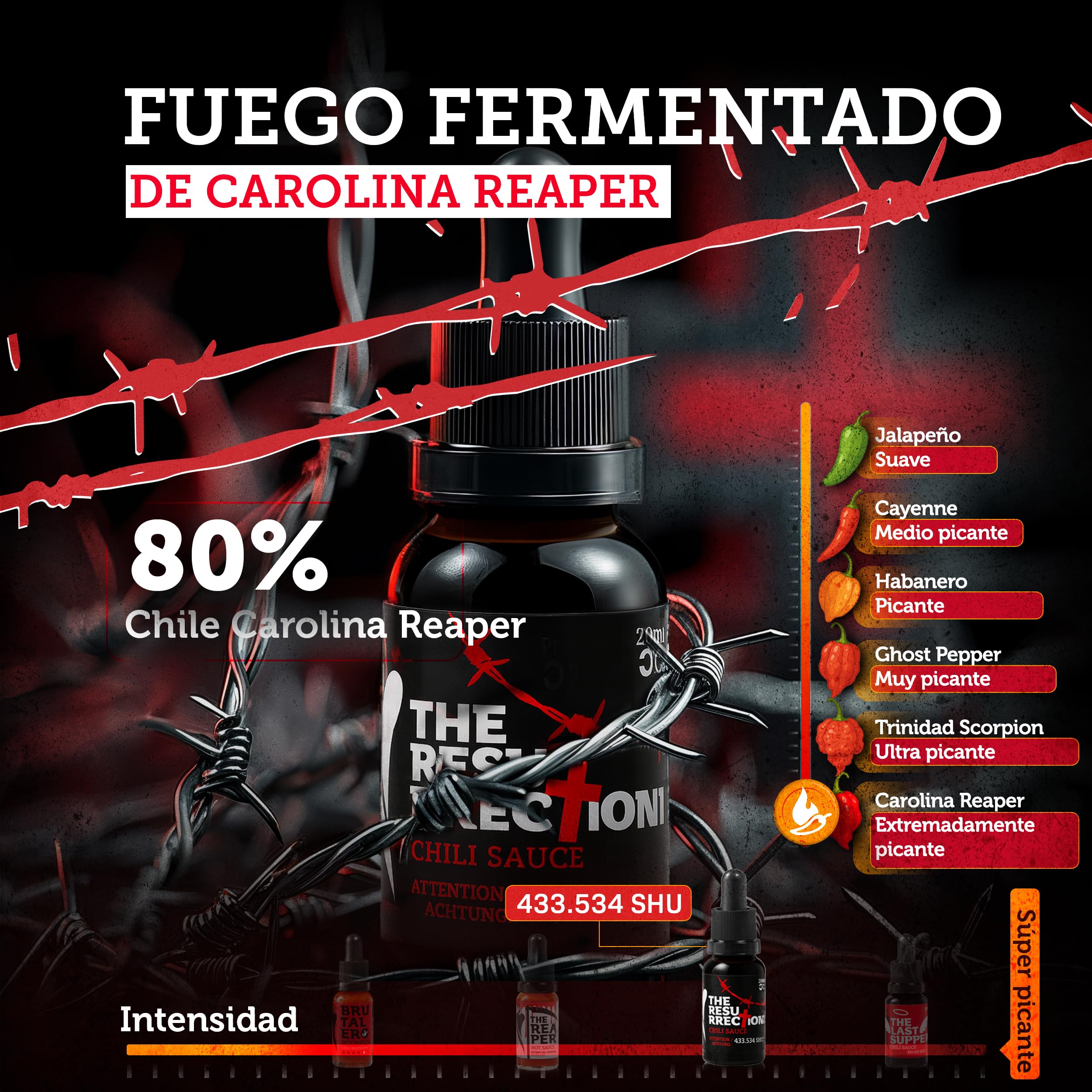 Salsa Extremadamente Picante Carolina Reaper 433.534 SHU Fermentación Artesanal 20 ml