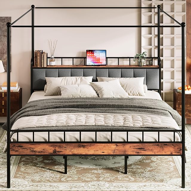 LIKIMIO Canopy Bed Frame King Storage Headboard with Charging Station Platform Bed with 4 Removable Sturdy Posts Noise