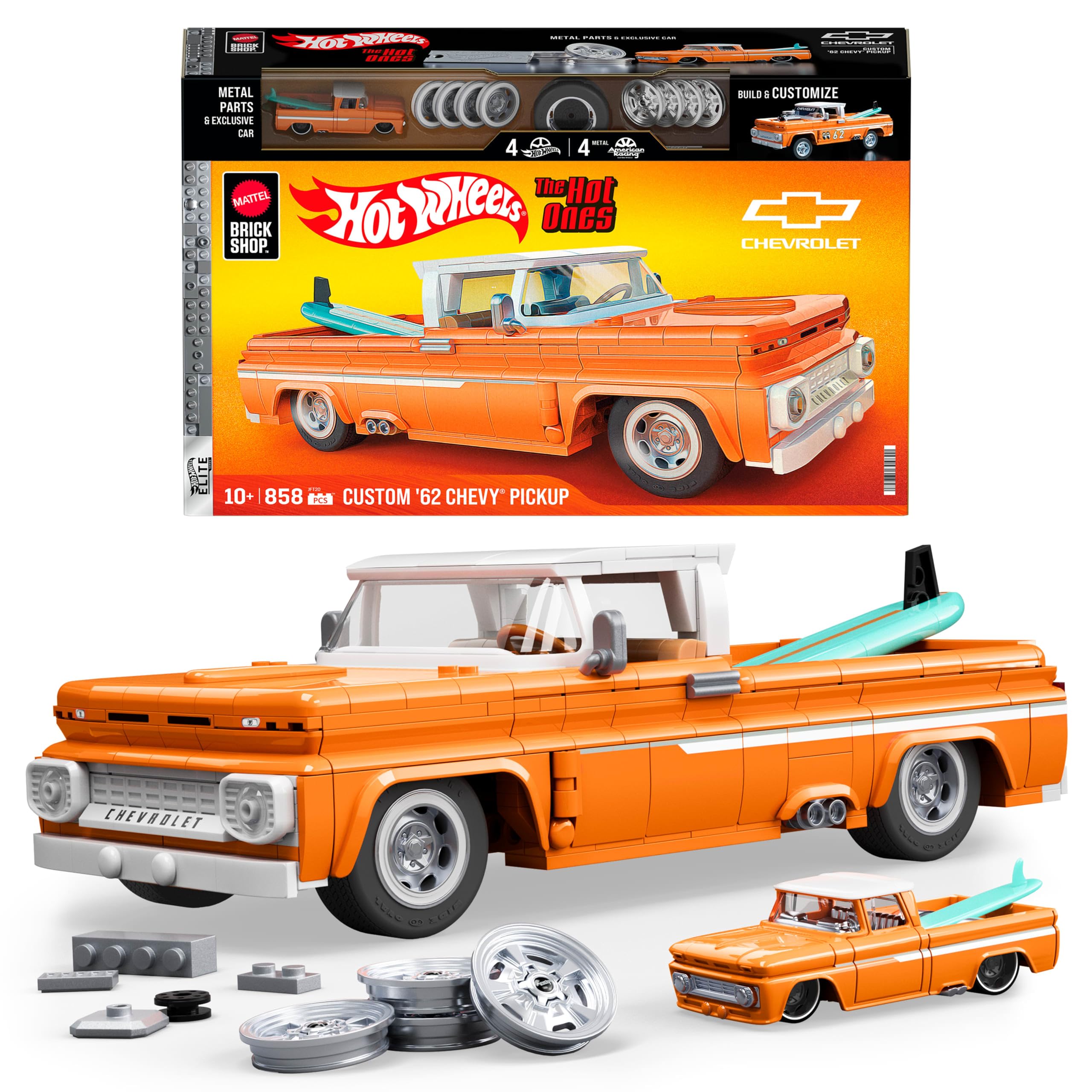 Mattel Brick Shop Hot Wheels Serie Elite set da costruire, Custom ’62 Chevy Pickup, 858 pezzi, adesivi per personalizzare l'auto, per collezionisti adulti e bambini dai 10 anni in su, JFT20