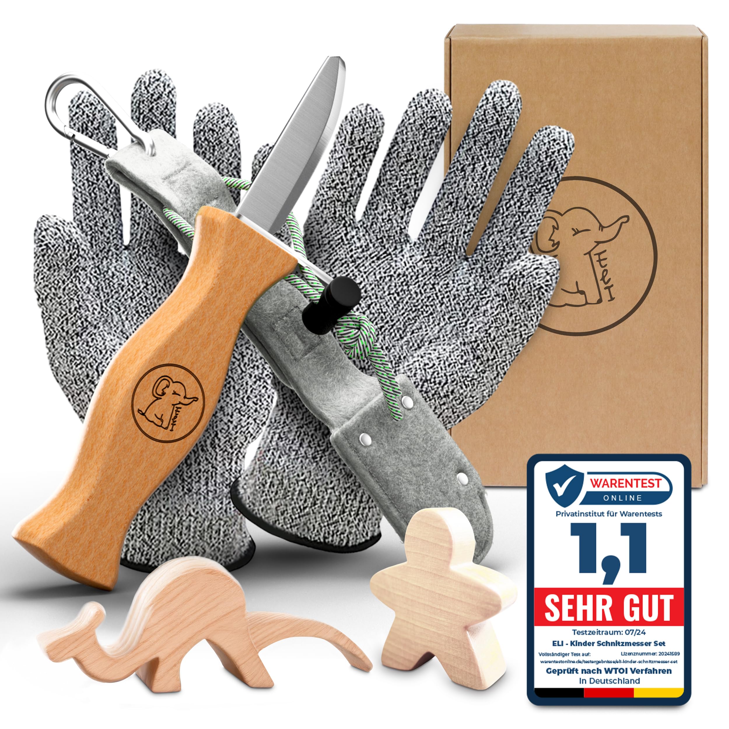 Eli® Schnitzmesser Kinder mit Filztasche ab 6 Jahre - hochwertiges Kindermesser Schnitzset inkl. schnittfeste Handschuhe - Kinderschnitzmesser - Schnitzwerkzeug - Outdoor Messer - grau