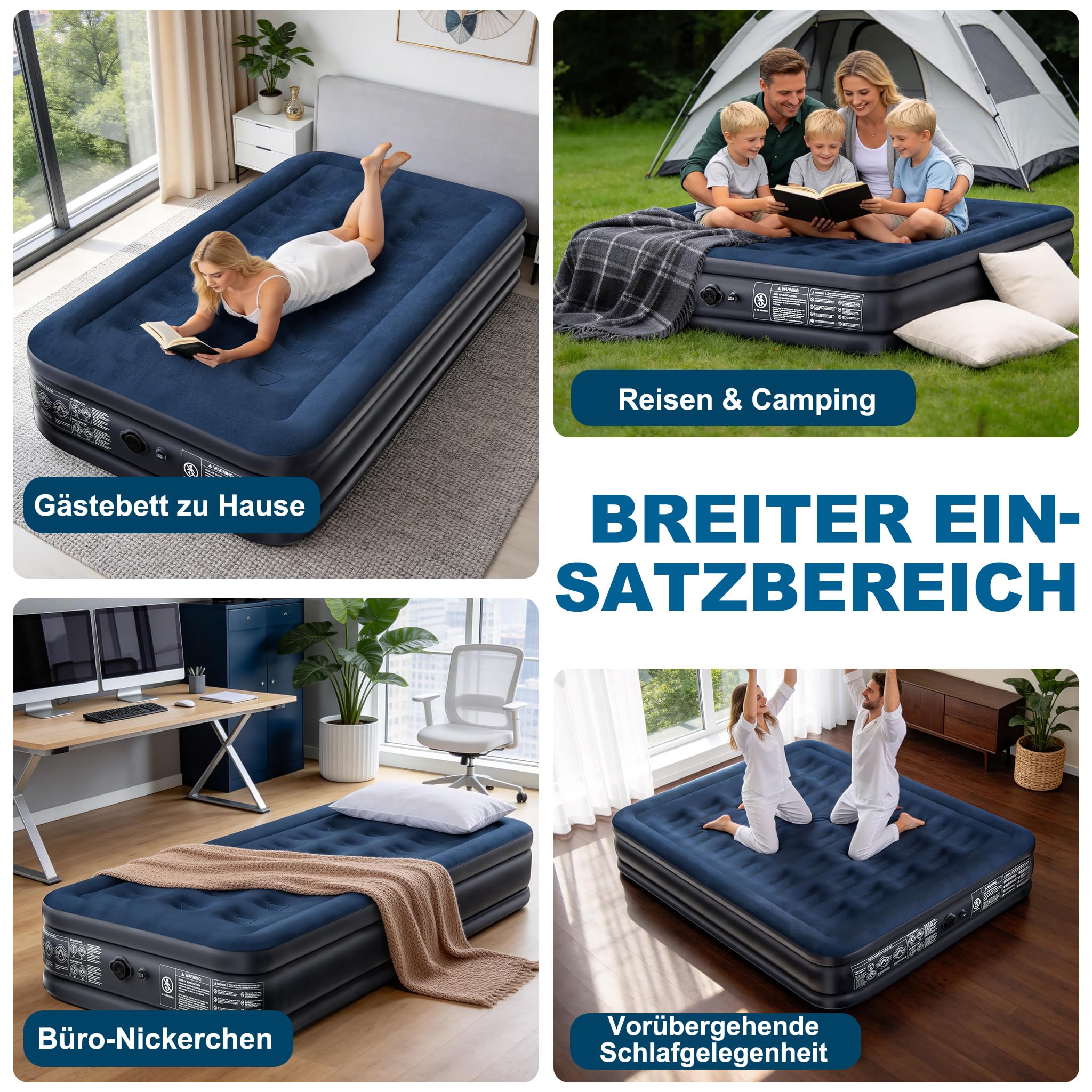 YRHome Aufblasbare Luftmatratze mit Pumpe | 2 Personen 203×152cm | Bis zu 300kg Tragkraft | Schnell Aufgeblasen in 3 Min | Klappbar mit Tragetasche | Campingmatratze & Gästebett | Dunkelblau