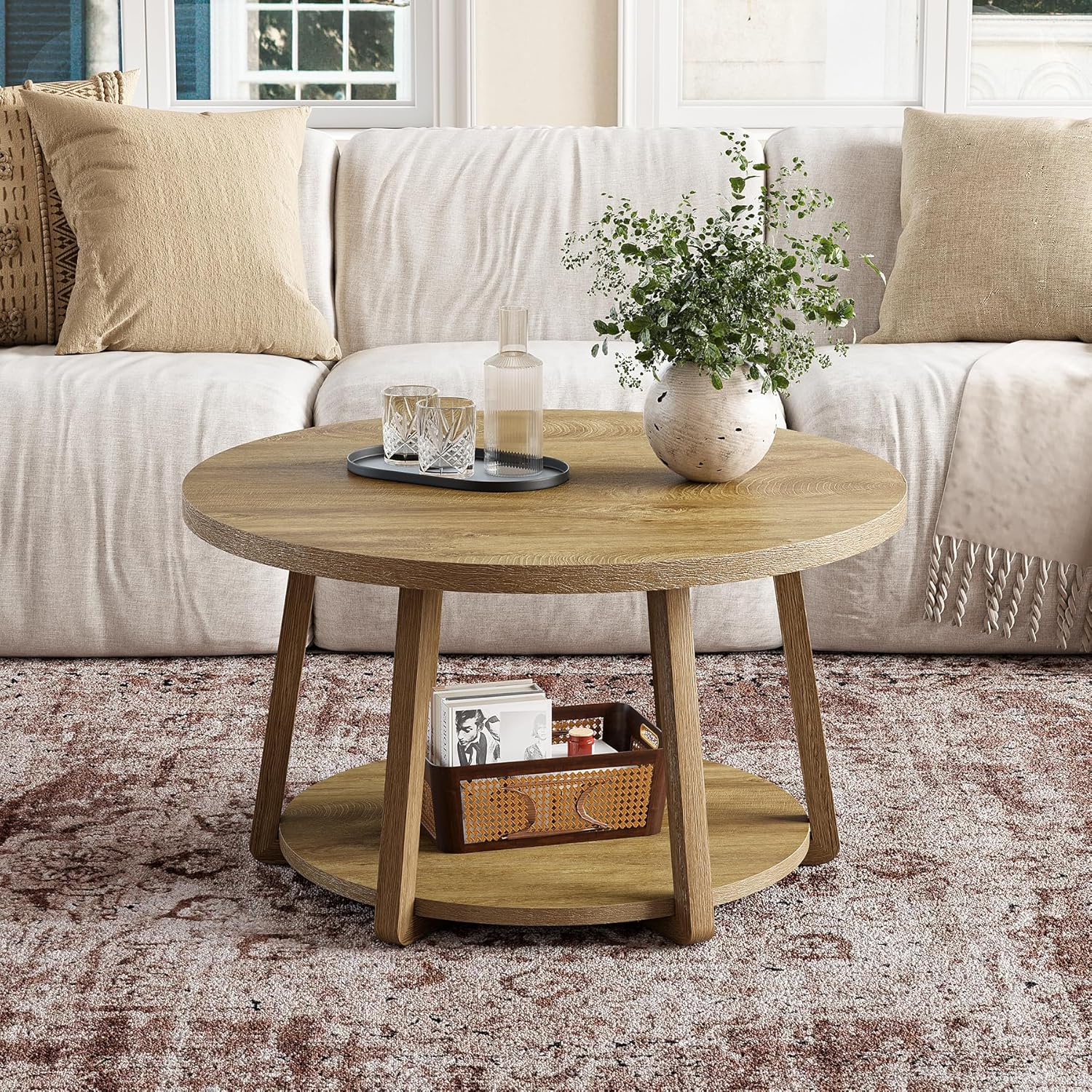 LITTLE TREE Round Coffee Table, 2-Tier Center Table with Storage, Wooden Legs, 31.5 Dia. x 19.6 H Inches, Easy Assembly, for Living Room, Bedroom