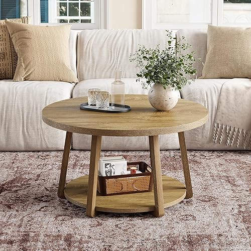 Miniatura 4 de LITTLE TREE Mesa auxiliar redonda, mesa central de 2 niveles con almacenamiento, patas de madera, 31.5 pulgadas de diámetro x 19.6 pulgadas de alto,
