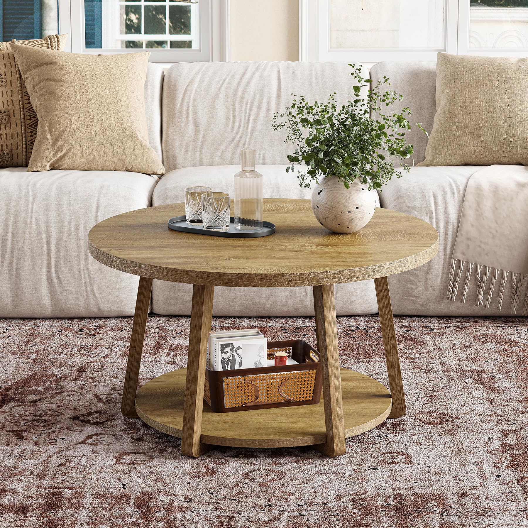 Tribesigns 80 cm Mesa de Centro Redonda con Espacio de Almacenamiento, Mesa de salón de Dos Niveles con Patas de Madera, fácil de Montar, para salón, Espacios pequeños, hogar - Roble