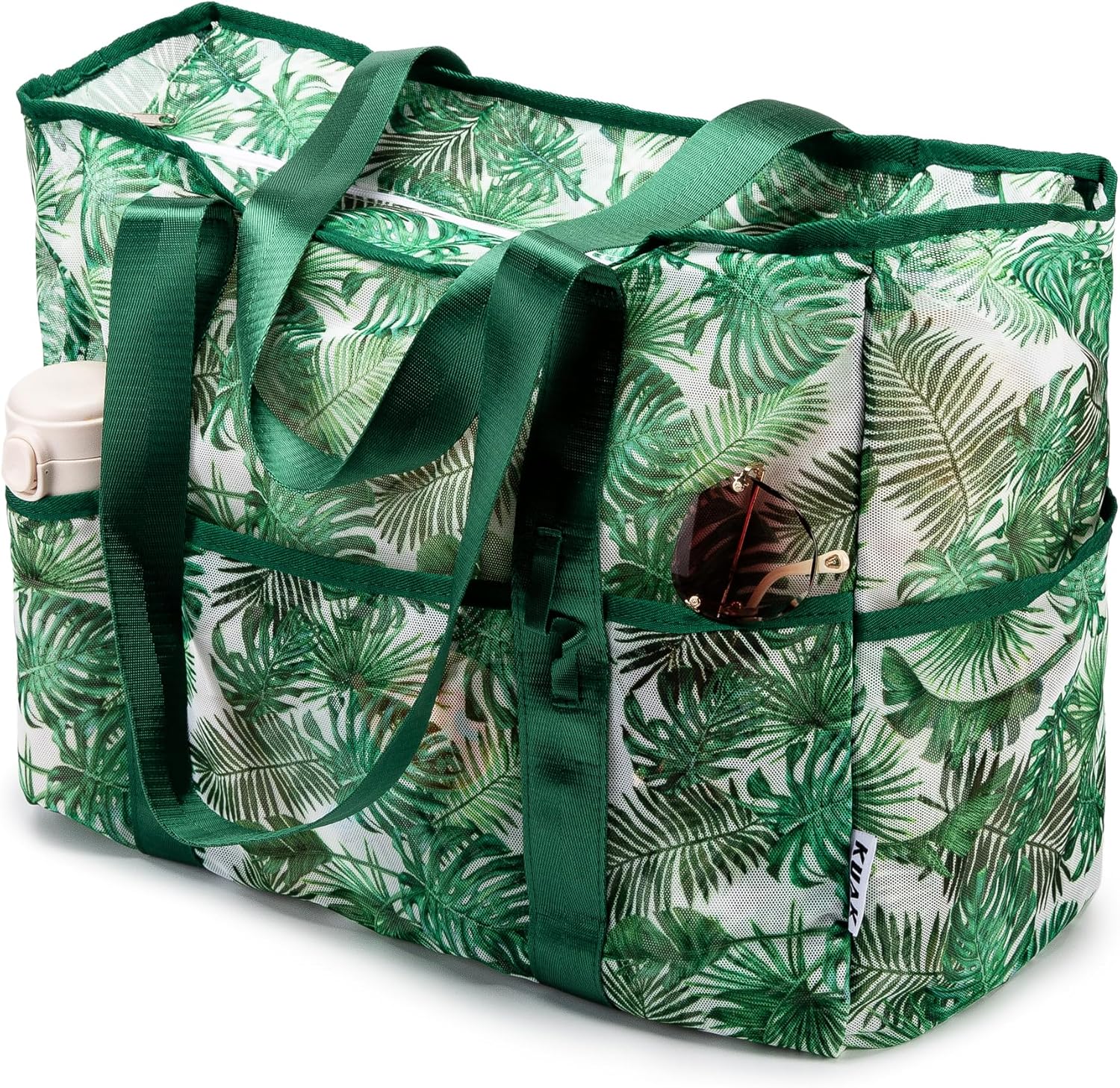 KUAK Mesh Beach Bag, Large Beach Tote with Top Zipper, 9 Pockets, Inner Waterproof Pocket for Family Pool Vacation Essentials