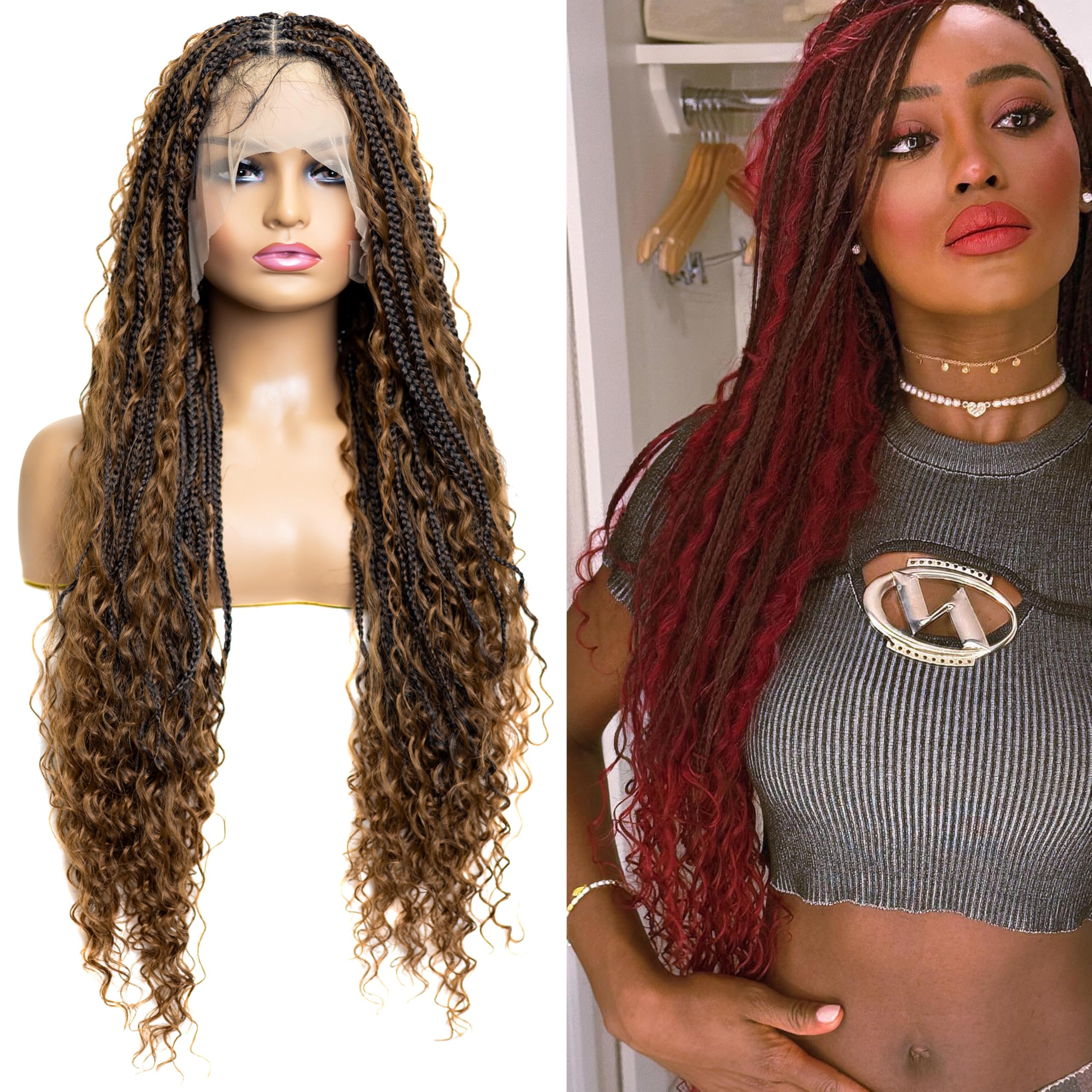 RAHELMO Micro Boho Box Braided Wig - Synthetic Knotless Braided Wigs for Black Women - Full Lace 360 Wig with Natural Baby Hair (#1B30 Off Black and