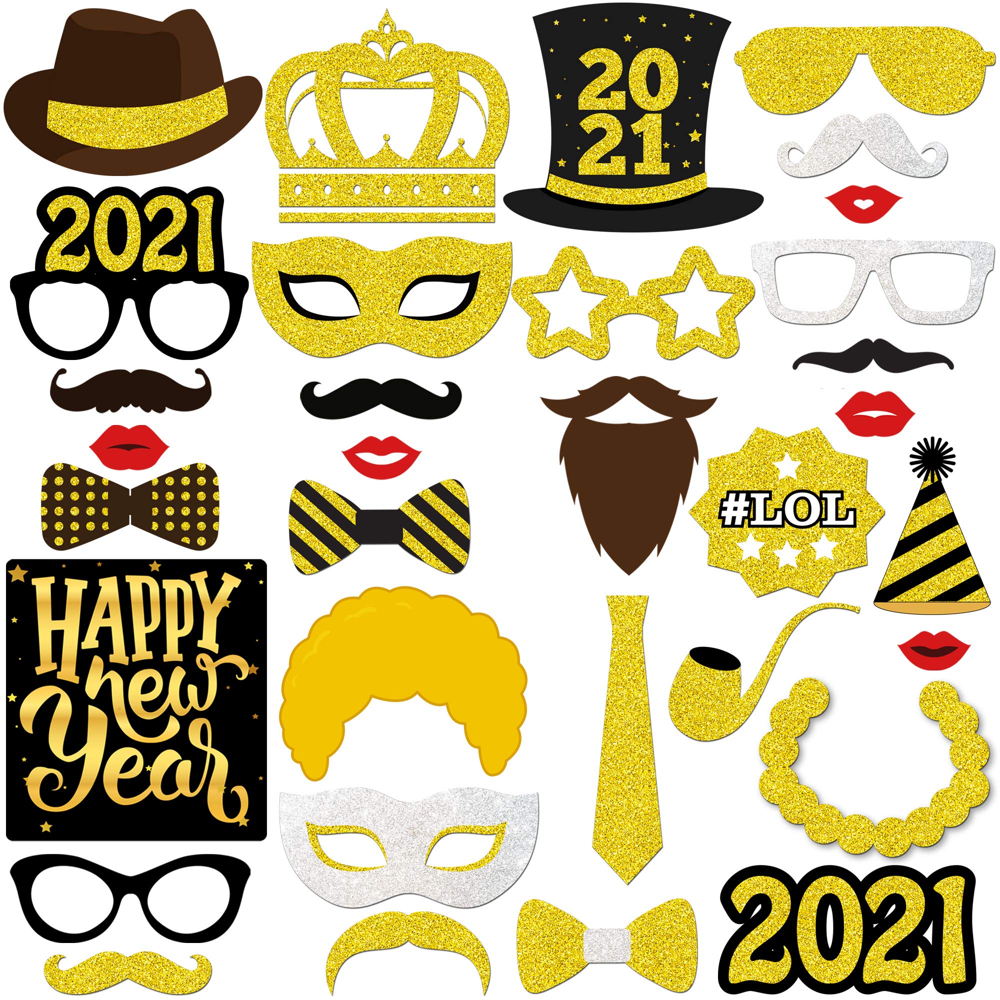 KatchOnNew Years Photo Booth Props– Pack of 33, Real Glitter | 2020 New Years Eve Photo Props | Great for New Years Eve Party Supplies 2020 | Happy New Year Party Decorations 2020, DIY Required