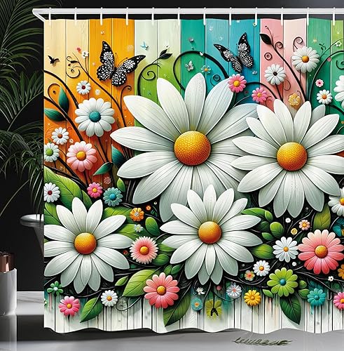 Miniatura 27 de Ambesonne - Cortina de ducha hippie, flores de aspecto de margaritas en ondas groovies abstractas estilo retro de los años 60 y 70, juego de Azul