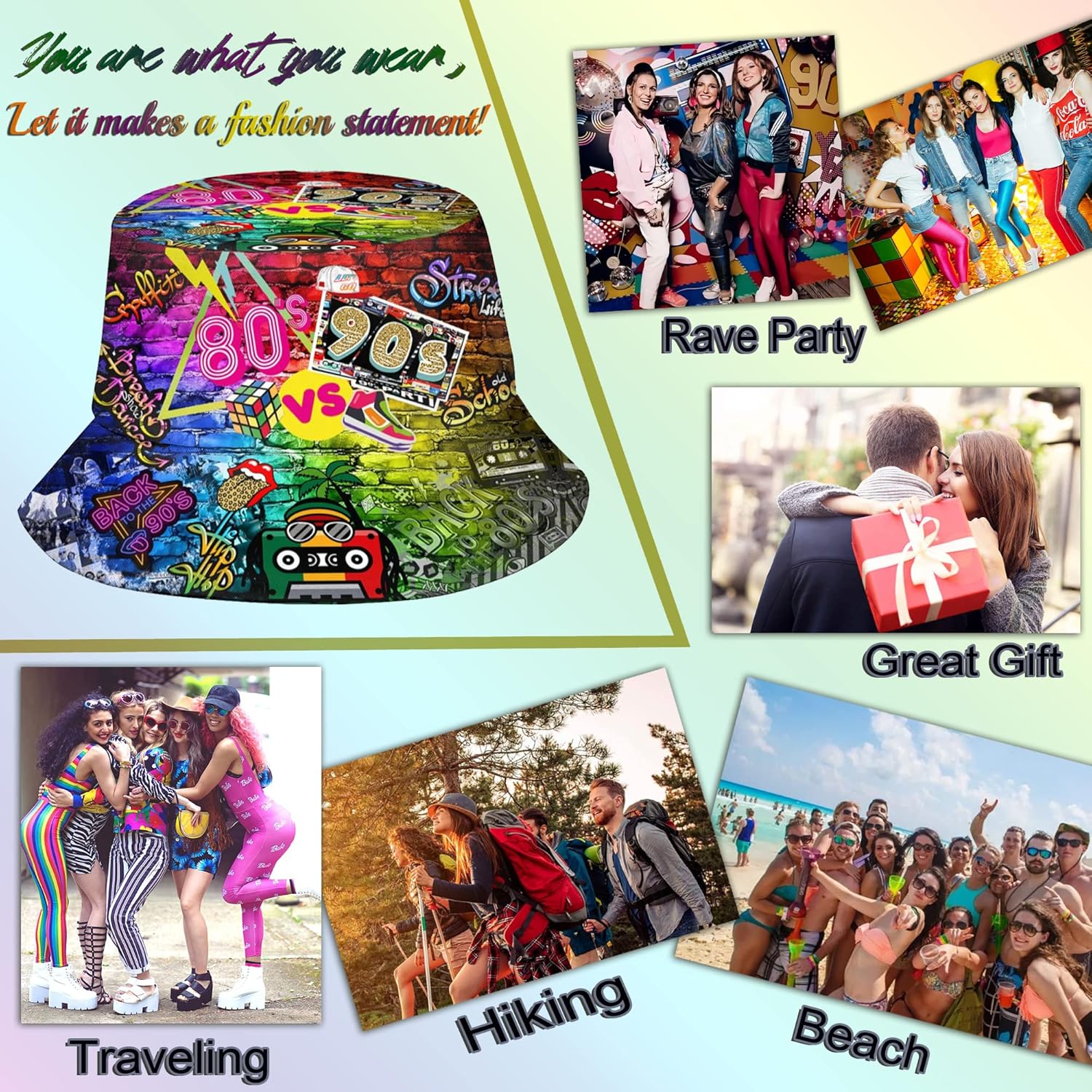 80s 90s Outfit for Women Men, 80s 90s Bucket Hats Fashion Sun Cap Packable Outdoor Rave Accessories Fisherman Hat for Women Men - Image 6