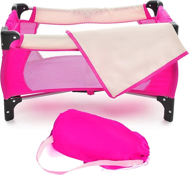 fash n kolor Doll Pack N Play Crib Fits up to 18" Dolls Blanket and Carry Bag Included (Hot Pink)