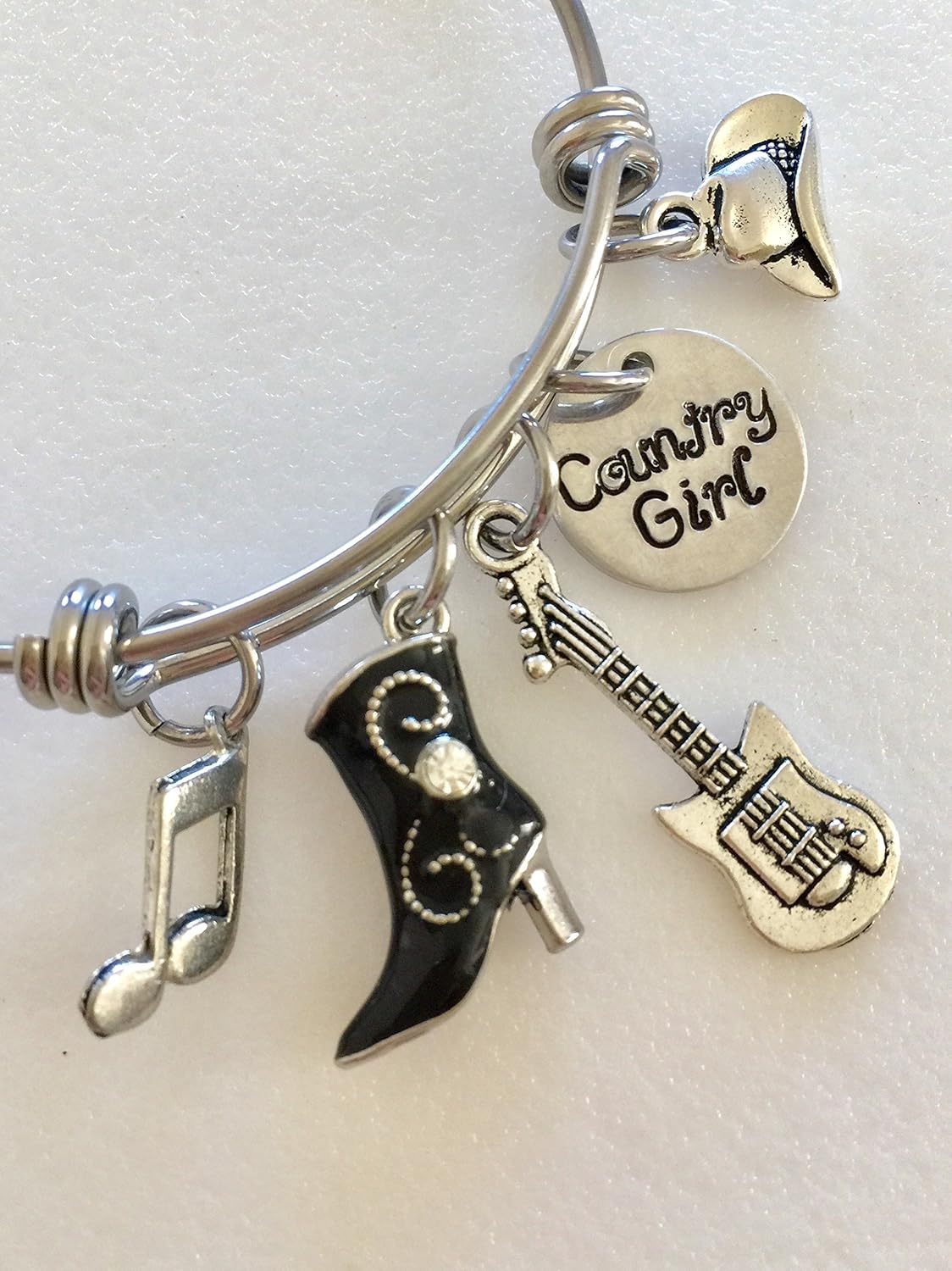 Country Girl Bangle, Rhinestone Boot, Rock Guitar, Country Music Fan, Country Western Dancing, Adjustable Stainless Steel Bangle.