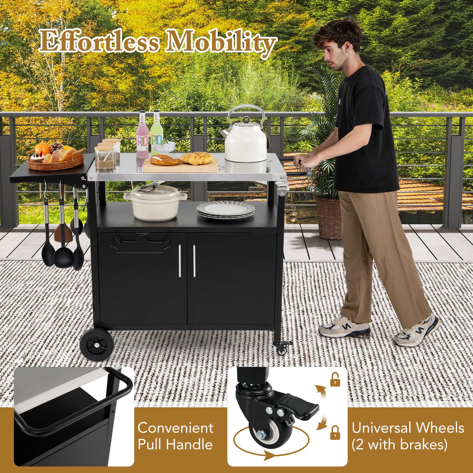 GIANTEX Carrito de barbacoa para exteriores, mesa de barbacoa con encimera de acero inoxidable y mesa lateral plegable, carrito de cocina con ruedas, mesa auxiliar con soporte para bolsa de basura