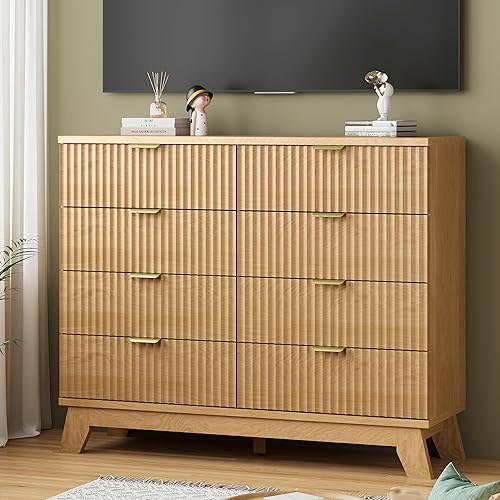 Vista 7 de Cómoda acanalada para dormitorio con 8 cajones, cómoda moderna de 48 pulgadas de ancho con manijas de metal, cómoda de madera que funciona como