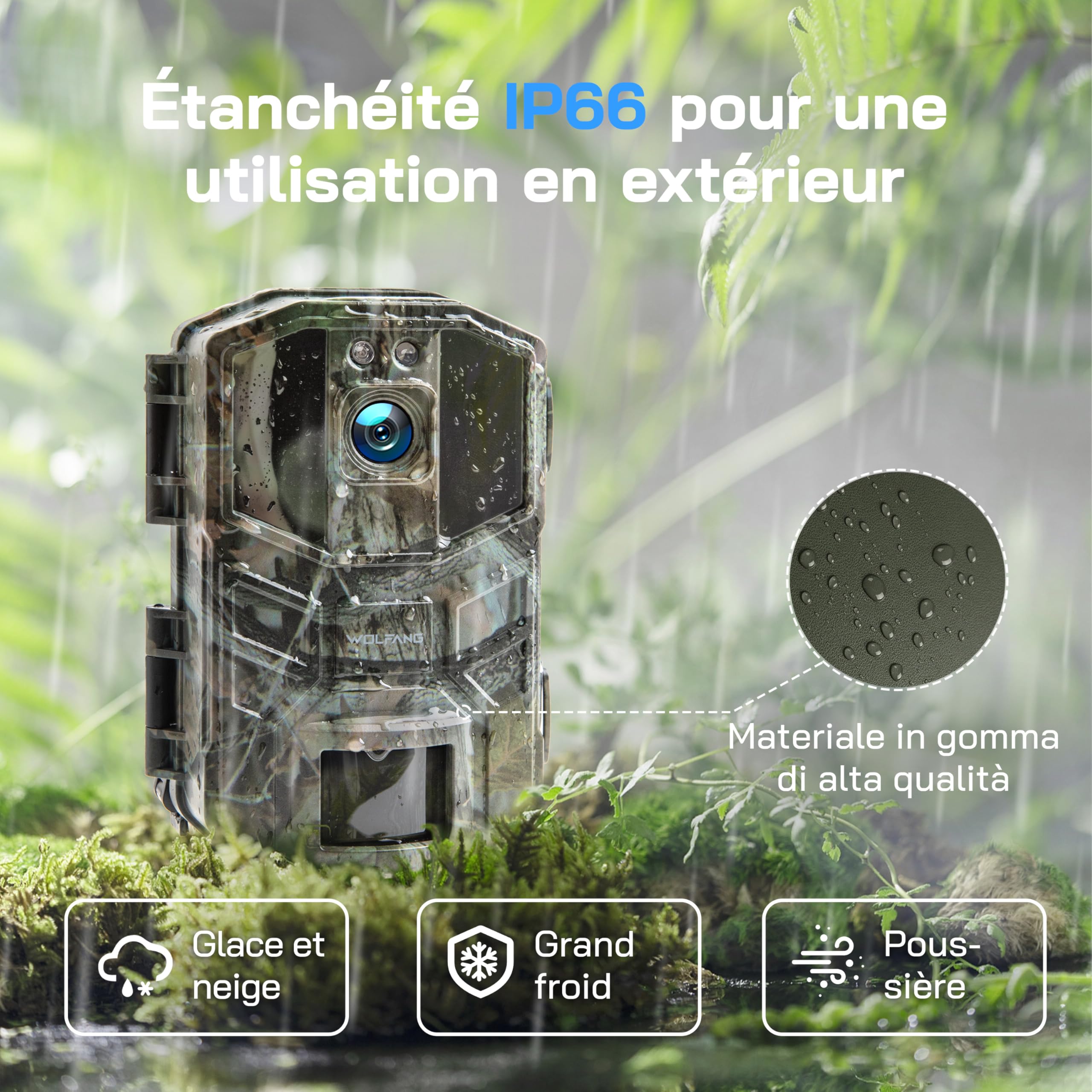 WOLFANG Caméra de Chasse WiFi 4K 64MP Full HD, Téléphone Transfert Vision Nocturne, Déclenchement de 0,1s, Détecteur de Mouvement pour l'observation des Animaux