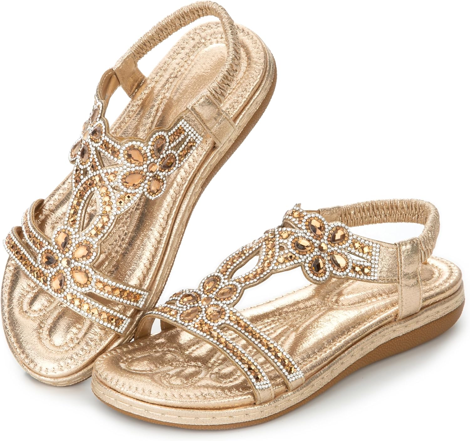 Women's Comfortable T-Strap Sandals - Extra Cushioned Bohemian Flat Shoes with Rhinestones & Beads for Walking, Beach, Wedding - Image 6