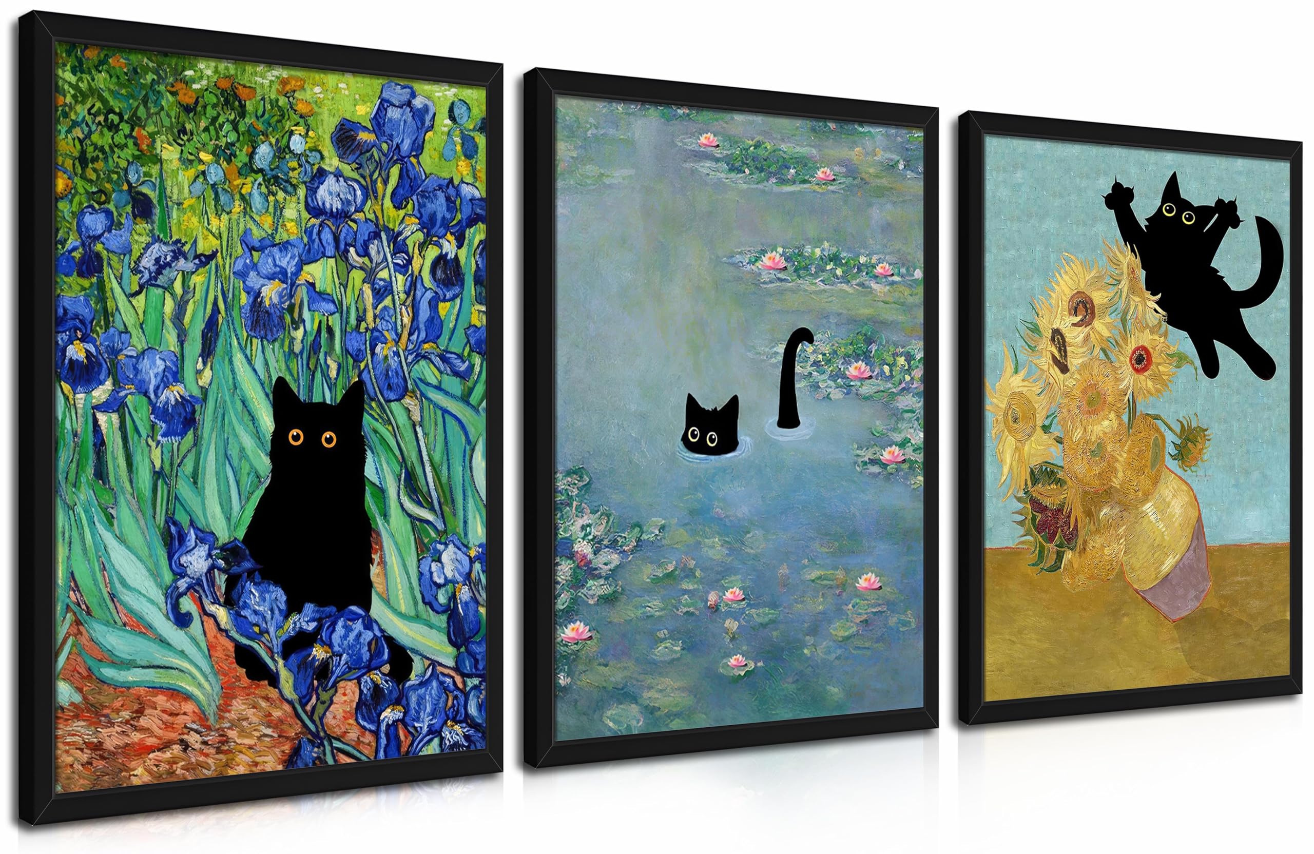 Wood Framed Monet Wall Art Set of 3 - Funny Cat in Water Lilies Canvas Paintings Prints, Van Gogh Sunflower Cat Aesthetic Pictures for Room Bedroom Living Room Bathroom 12x16 in
