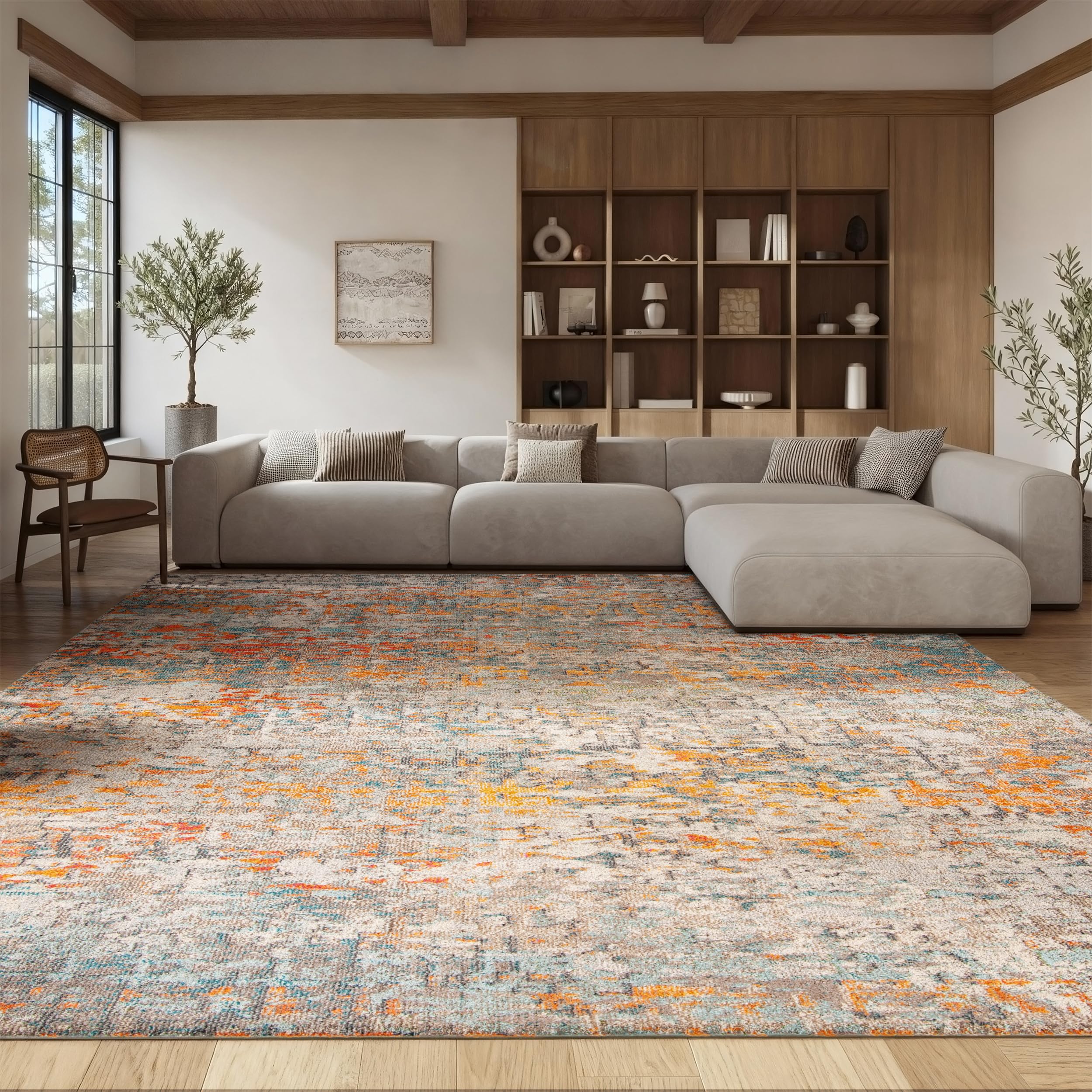 SAFAVIEH Madison Collection Area Rug - 8' Square, Grey & Orange, Modern Abstract Design, Non-Shedding & Easy Care, Ideal for High Traffic Areas in