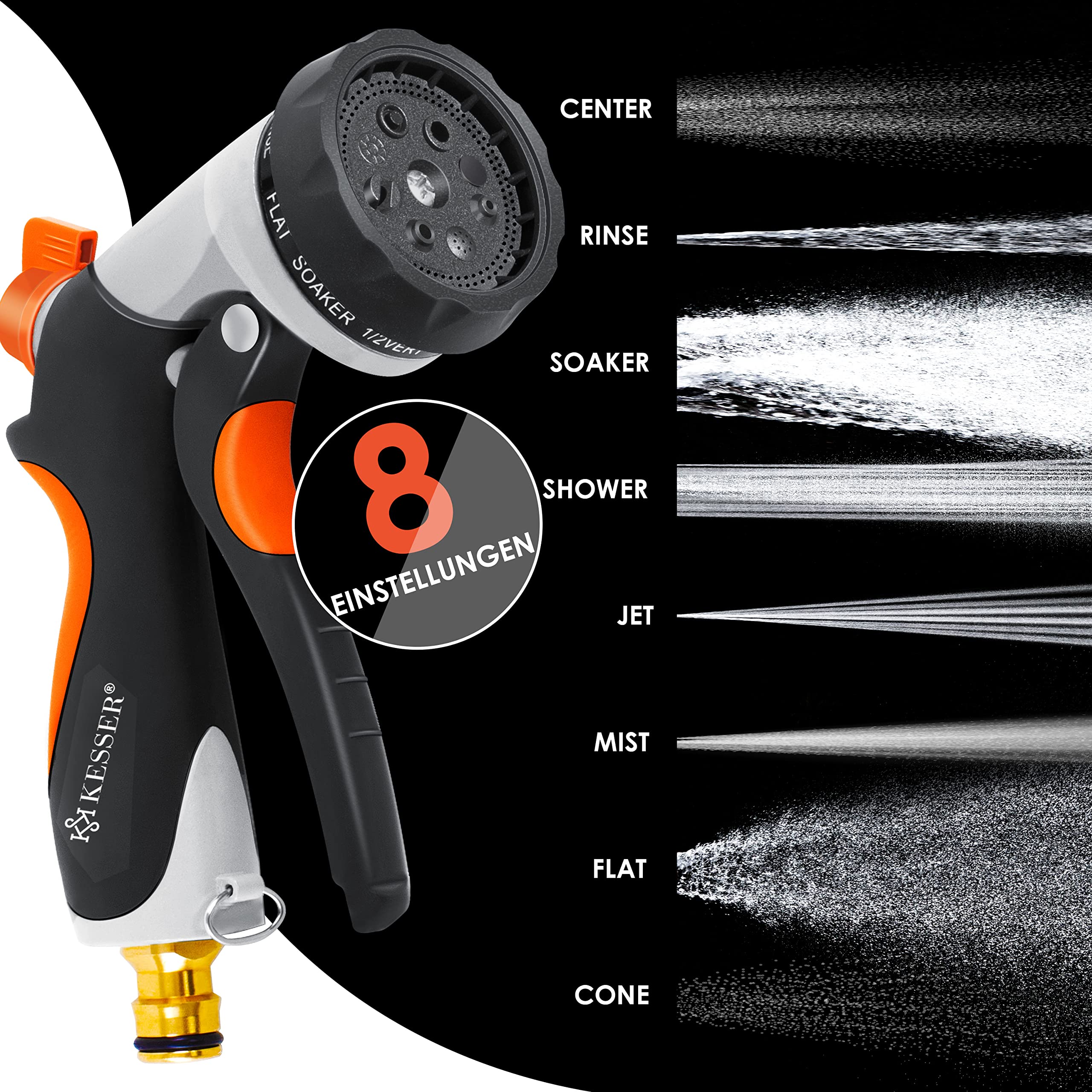 KESSER® flexibler Gartenschlauch 15 m, dehnbarer Flexischlauch, Wasserschlauch mit 3-fach Latexkern, 8 Modi Sprühpistole, Messing Anschlüsse + Wandhalterung, 1/2" & 3/4" Adapter & Tasche, Schwarz