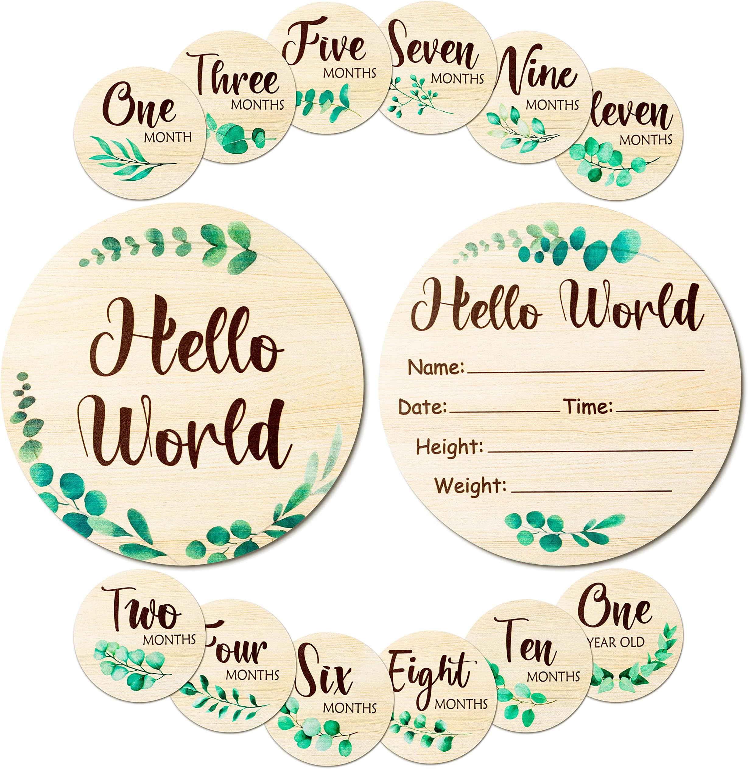 R HORSE 7Pcs Wooden Baby Monthly Milestone Cards with Announcement Sign, Double-Sided Hello World Baby Birth Announcement Sign Milestone Discs, Newborn Month Milestone First Year Props for Boys Girls
